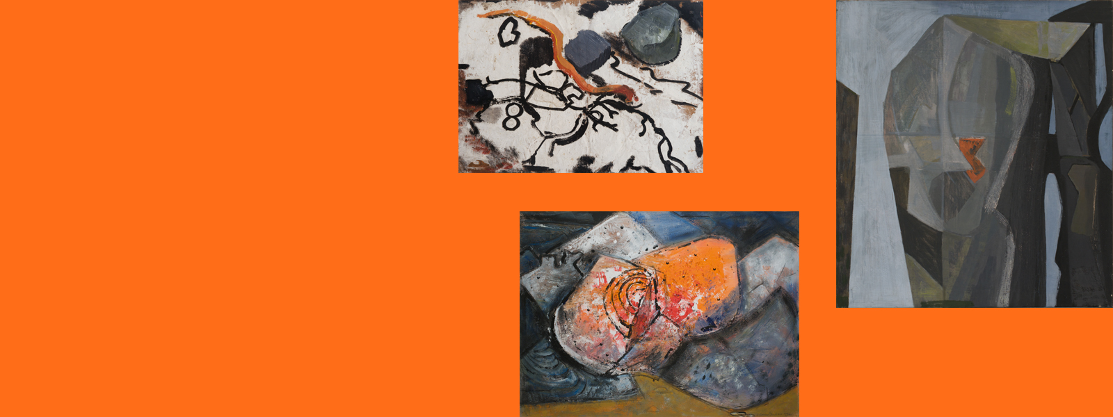 Three paintings grouped on an orange background. From left to right: an oil painting of seaweed, rocks and a long snaking orange object on a white background; an acrylic painting of grey rocks with orange at centre; an oil painting of an abstracted geometric cliff edge resembling a face