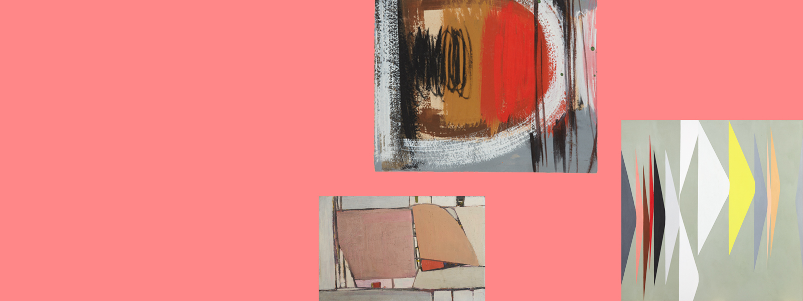 Three paintings grouped on a salmon background. From left to right: an oil painting of two rounded edge squares in pale pink and orange on a white background; a gouache painting of loose vertical brushstrokes in black brown and red with a large white 'D' shaped brushstrokes; an acrylic painting of elongated triangles touching, all pointing towards centre of the right edge, in greys, pinks, black, white and yellow