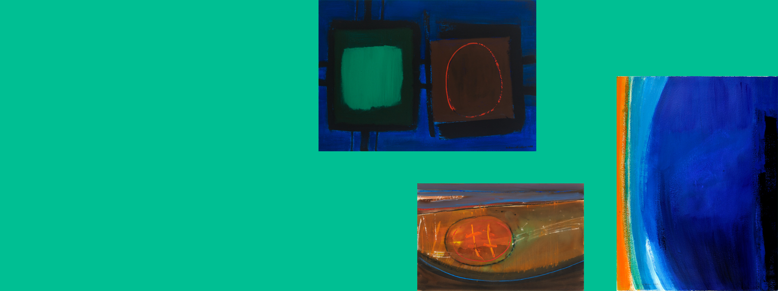 Three paintings grouped on an emerald background. From left to right: an acrylic painting of a green square and a brown square with black outlines and joined by two lines on a blue background; an acrylic painting of an orange circle on an orangey-brown and blue background; an acrylic painting in blues with a stripe of orange on the left hand edge