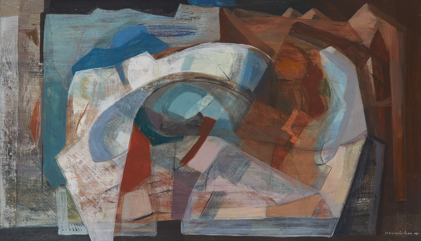 An oil painting of abstract geometric forms in white, blues, reds and browns represent an ice cavern