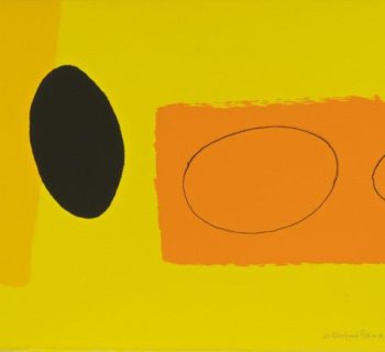 A screenprint with yellow background and abstract composition of dark yellow strip, black egg, orange rectangle with black egg outline.