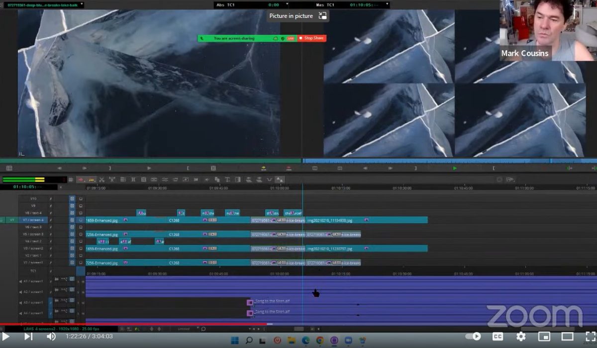 A screenshot of film editing software. In top left quadrant is an image of splintered ice. In the top right quadrant are four images of splinted ice with small image of filmmaker Mark Cousins. In the bottom half are bars of colour representing different video and audio channels.