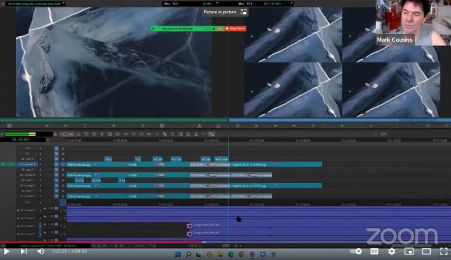 A screenshot of film editing software. In top left quadrant is an image of splintered ice. In the top right quadrant are four images of splinted ice with small image of filmmaker Mark Cousins. In the bottom half are bars of colour representing different video and audio channels.