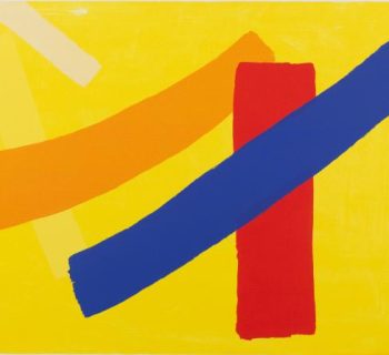 A screenprint with yellow background and wide diagonal brushstrokes in orange and blue and one red vertical brushstroke