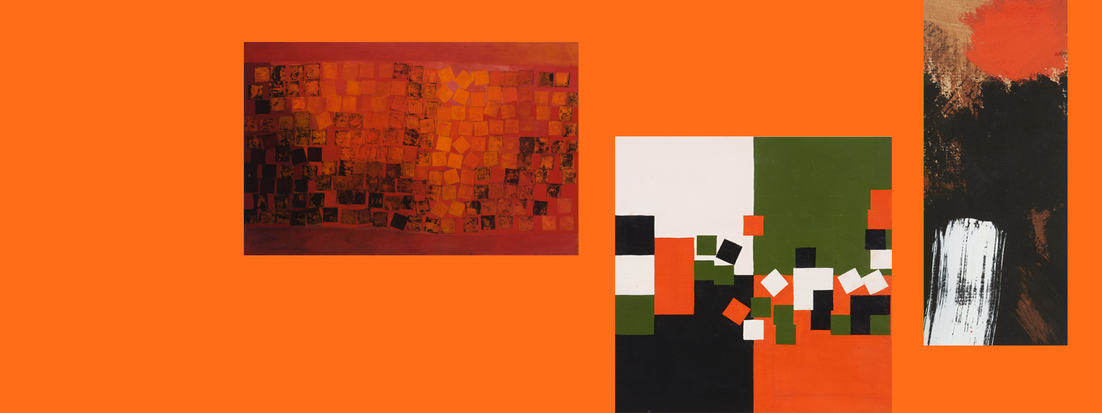 Three paintings grouped on an orange background. From left to right: an abstract composition of randomly arranged small squares in browns and oranges on a red background; an abstract composition with squares of varying sizes in orange, green, black and white; a narrow vertical composition of loose brushstrokes in black, brown, red and white.