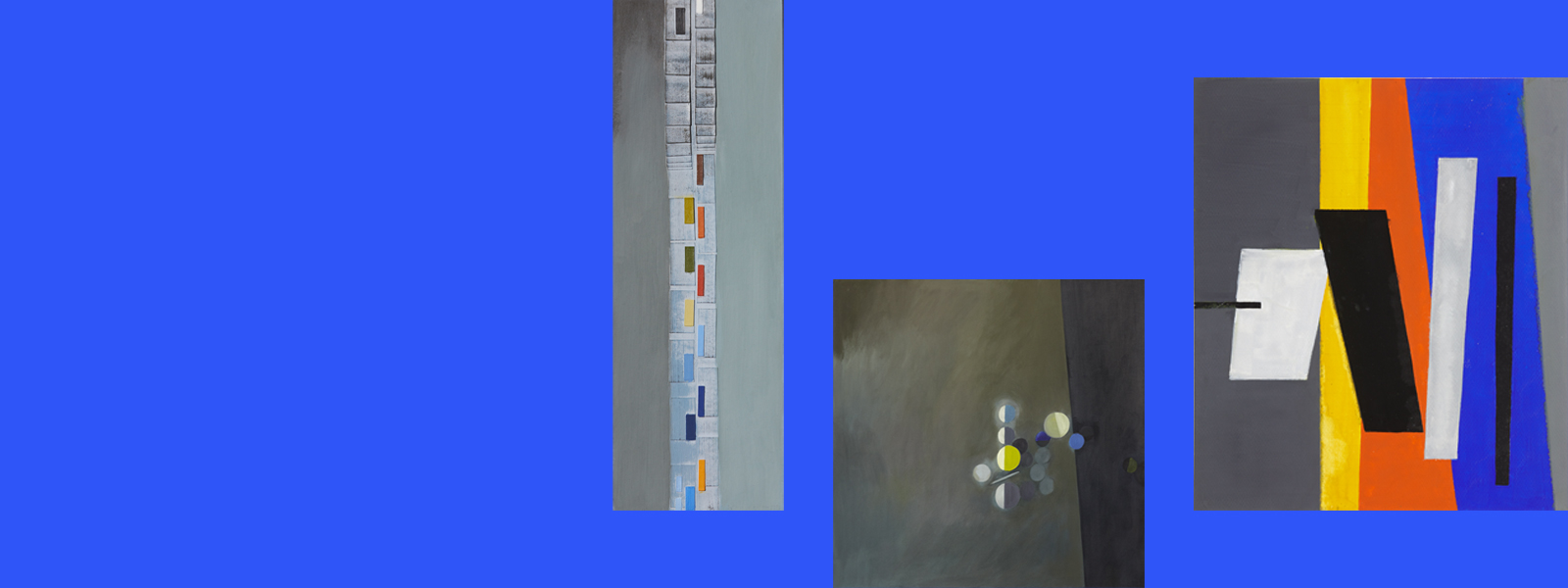 The artworks grouped on a bright blue background. From left to right: a narrow vertical relief with a strip of small rectangles in bright colours on a grey background; an abstract painting with dark green/grey background and a cluster of small circles in lime green, blues and greys; a painting of two layers of parallelograms in grey, yellow, orange and blue in back layer and white and black in front layer