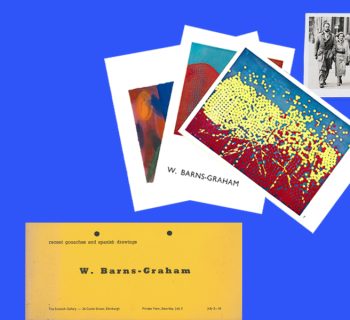 A selection of archive material on a blue background. From left to right: Yellow private view card; a fan of three exhibition catalogues with red, blue and yellow paintings on the cover, a black and white photo of WBG and Denis Peploe walking down Princes Street Edinburgh; blue poster for Roger Hilton and W. Barns-Graham exhibition at Bear Lane