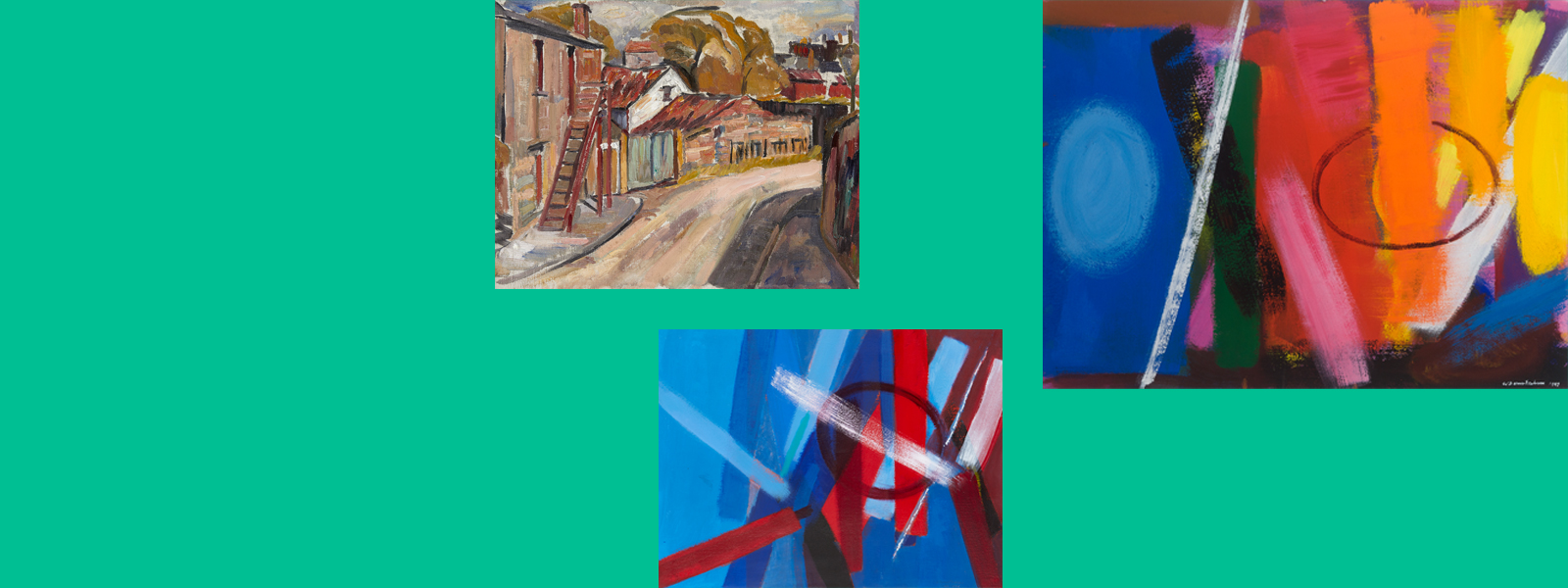 Three paintings grouped on an emerald background. From left to right: an oil painting of a bend in a road with buildings on both sides. The building in the foreground has an external staircase to upper level. An acrylic painting of an abstract composition of loose straight brushstrokes in many directions in blues and reds on a blue background. An acrylic painting with an abstract composition of vertical brushstrokes in bright colours on a brown background