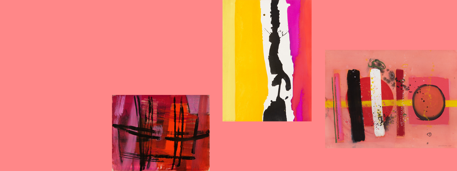 Three abstract works of art on a salmon background. From left to right: a pink and red abstract composition with loose black grid; a vertical abstract composition of paint drips in yellows, black, pink and red; an abstract composition of vertical brushstokes in pinks, black, white and red with pink circles and horizontal yellow brushstroke on salmon background