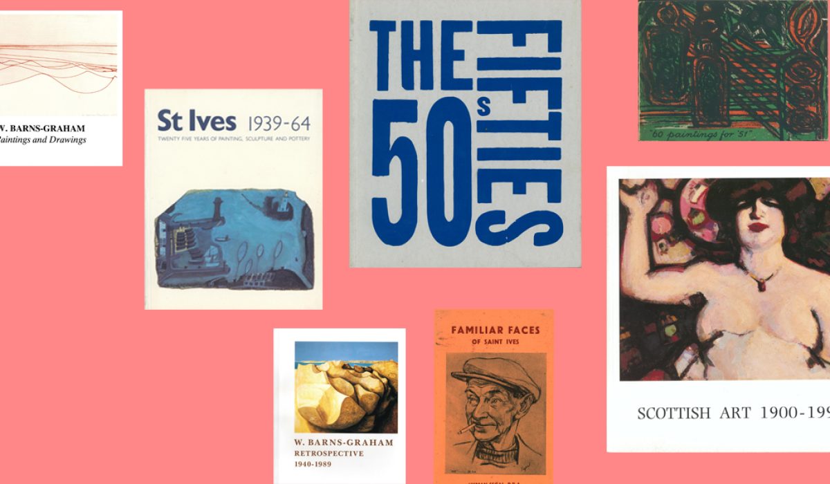 A selection of book covers on a salmon background. From left to right: W. Barns-Graham: Paintings and Drawings; St Ives 1939-64: Twenty Five Years of Painting, Sculpture and Pottery; W. Barns-Graham: Retrospective 1940-1989; The Fifties; Familiar Faces of St Ives; 60 paintings for '51; Scottish Art 1900-1990.