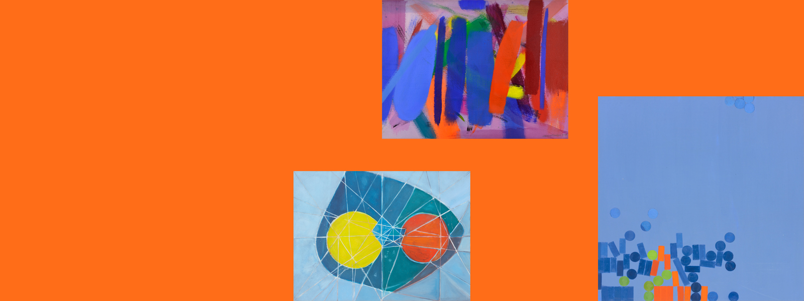 Three paintings grouped on an orange background. From left to right: an abstract composition of two circles in yellow and orange on a blue background with geometric crossing lines; an abstract composition of vertical brushstrokes in bright colours on a lilac background; an abstract composition of small rectangles and circles in blue, lime green and orange clustered in the bottom left corner on a blue background
