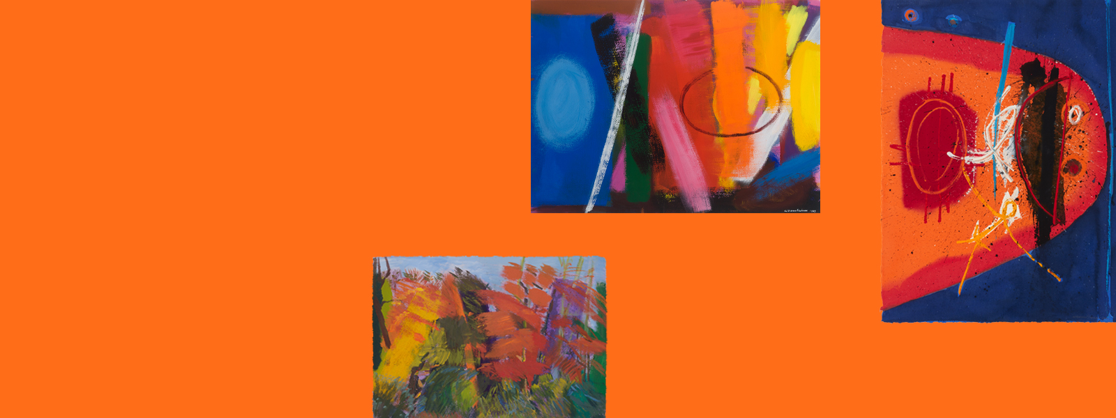Three paintings grouped on an orange background. From left to right: an acrylic painting with short brushstrokes back and forth representing trees in greens, oranges, yellows and purple on a blue background; an acrylic painting with an abstract composition of vertical brushstrokes in bright colours on a brown background; an acrylic painting with dark blue background and semi circular shape across most of composition in orange with thick red outline, on top red, black and white marks.