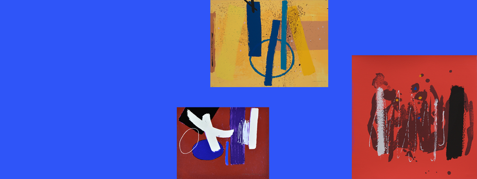 Three screenprints grouped on a blue background. From left to right: a screenprint with brown background, blue oval, black black, white oval outline, white crossed brushstrokes and blue and white vertical brushstrokes; a screenprint with yellow background, vertical brushstrokes in yellows and blues and blue circle outline; a screenprint with orange background wide brown scribbles and vertical white and black brushstrokes.