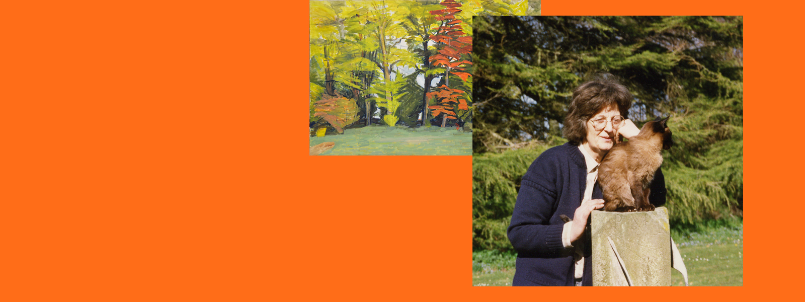 Two images grouped on an orange background. From left to right: an acrylic painting of tall trees with grass in front, one tree has orange leaves; a photograph of Rowan James leaning on a stone plinth with a siamese cat sat on top in front of trees.