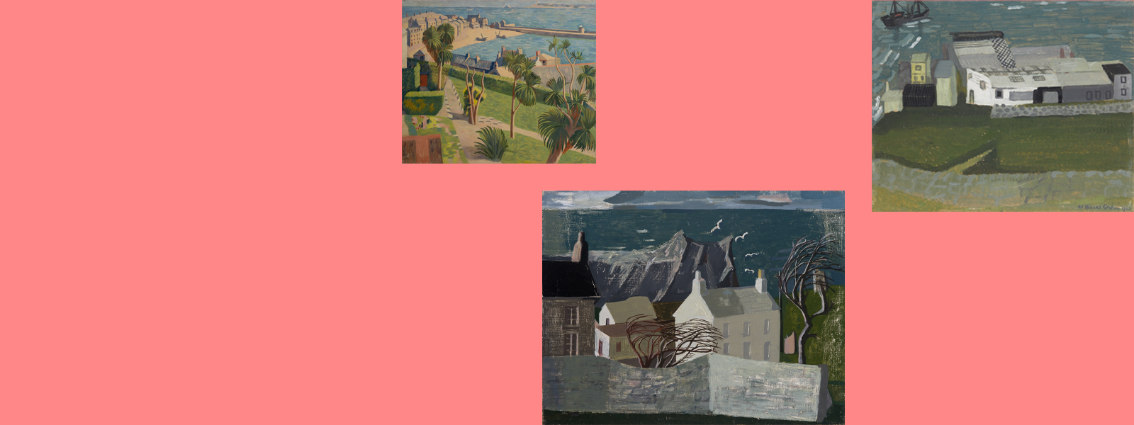 Three paintings grouped on a salmon background. From left to right: an oil painting of garden with diagonal path and harbour in the background: an oil painting of buildings with grey buildings with rooftops in the foreground, cliffs behind and sea in the background; an oil painting with abstracted view of sheds in whites and grey with green grass and wall in foreground and grey blue sea with a ship in background.