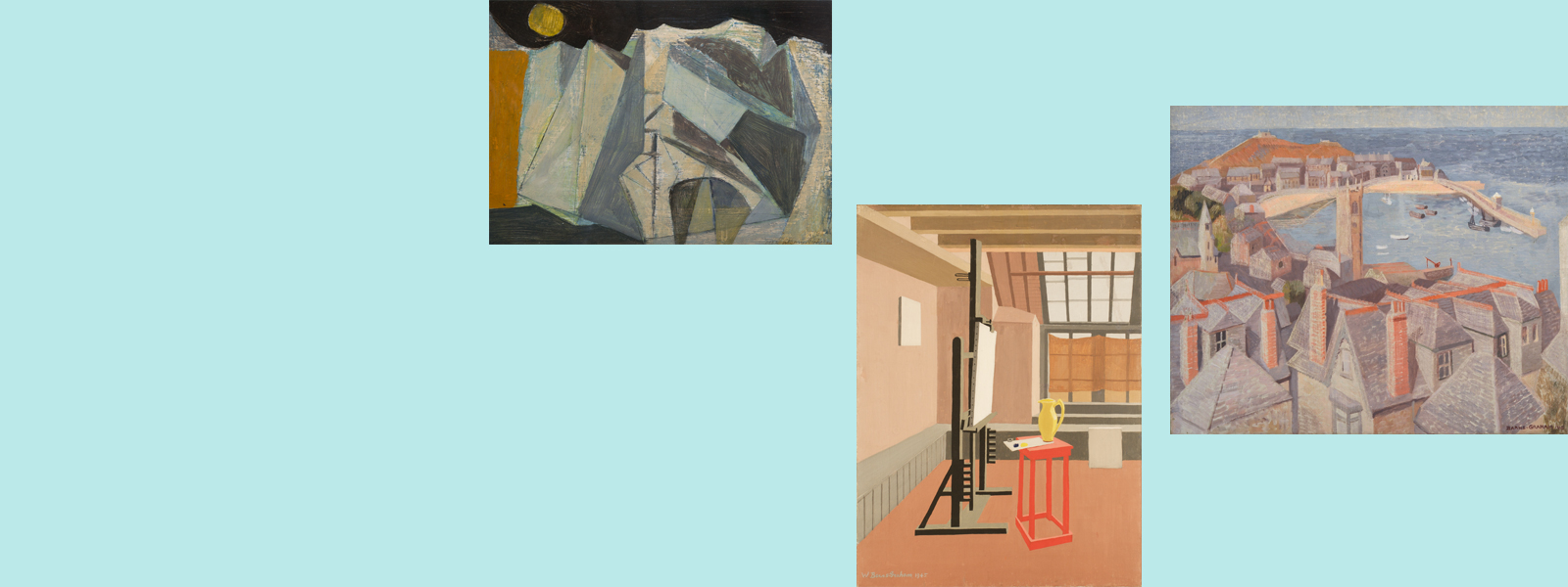 Three paintings grouped on a pale blue background. From left to right: an oil painting of abstracted geometric forms representing a cliff in pale shades on a dark background with yellow circle in top left corner; an oil painting of a studio interior in muted salmon shades with a blank canvas on a black easel and yellow jug on a red stool; an oil painting of a harbour with grey rooftops with salmon chimneys in the foreground and sea and horizon in the background.