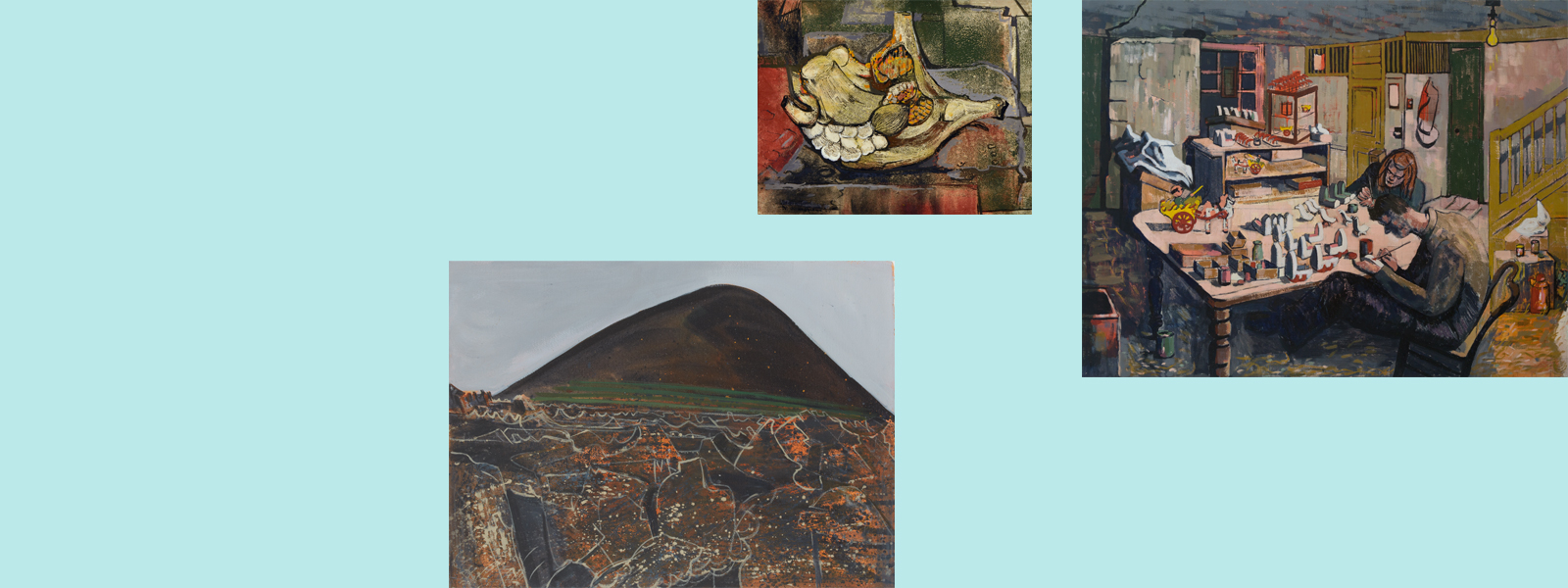 Three paintings grouped on a light blue background. From left to right: a volcano with rocky lava flow in foreground; an abstracted composition of fungi on wood in green and red background; an abstracted composition of two people working in a toy shop