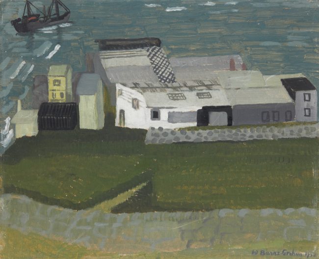 An oil painting with abstracted view of sheds in whites and grey with green grass and wall in foreground and grey blue sea with a ship in background.
