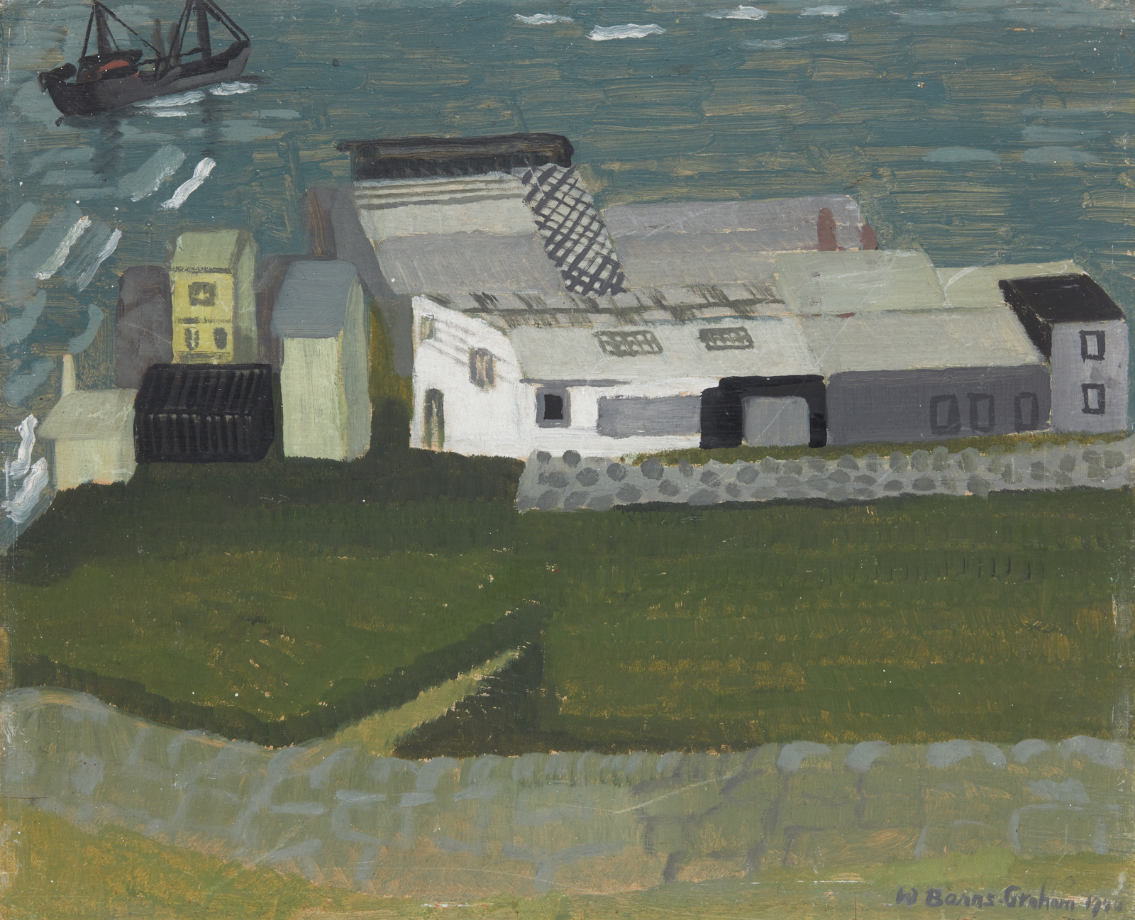 An oil painting with abstracted view of sheds in whites and grey with green grass and wall in foreground and grey blue sea with a ship in background.