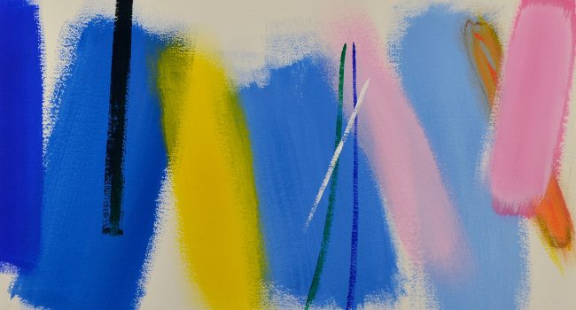 An acrylic painting of wide vertical brushstrokes in blues, yellow and pinks on a cream background