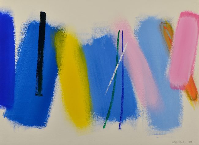 An acrylic painting of wide vertical brushstrokes in blues, yellow and pinks on a cream background