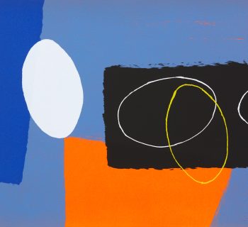 A screenprint with blue background and abstract composition of blue strip, white egg, black and orange rectangles with white and yellow egg outlines.