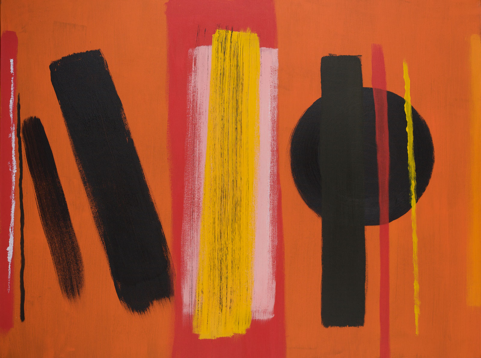 A painting of vertical brushstrokes in black and yellow with a black circle beneath one of the right. The background is orange with a red vertical band at the centre.