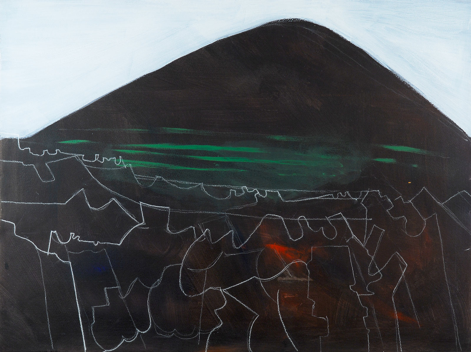 A painting of a black hill with loosely drawn rocks shapes in the foreground and blue sky