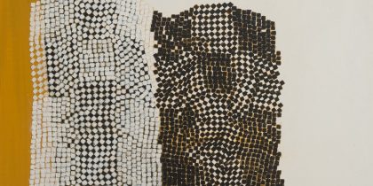 A painting of two columns made up of tiny randomly placed squares, one white, one black on a background divided vertically into yellow black and white.