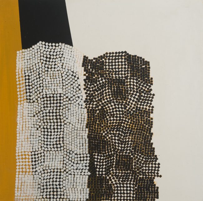 A painting of two columns made up of tiny randomly placed squares, one white, one black on a background divided vertically into yellow black and white.