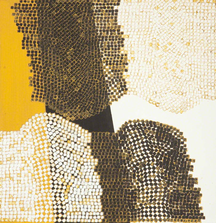 A painting of two wave shapes made up of tiny randomly placed squares, half white half black on a background divided vertically into yellow black and white.