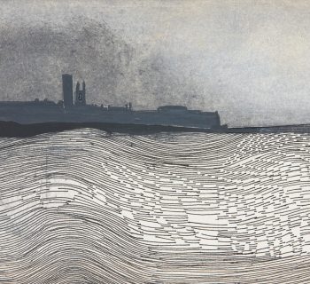 A silhouette of the coastline of St Andrews with the sea in the foreground drawn in in fine parallel undulating lines.