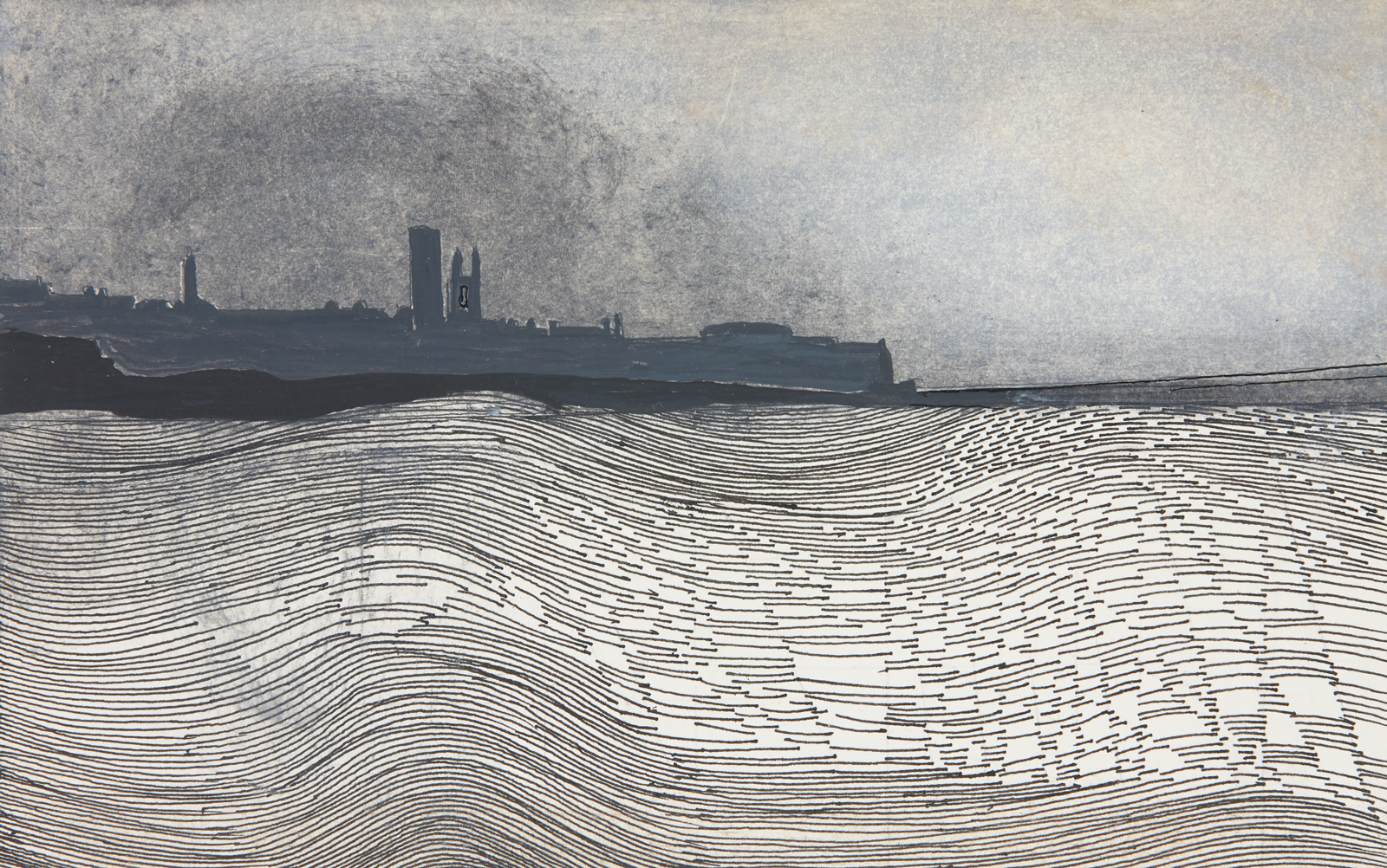 A silhouette of the coastline of St Andrews with the sea in the foreground drawn in in fine parallel undulating lines.
