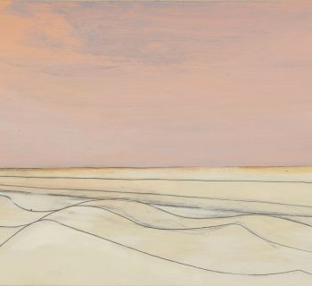 An abstract seascape with sky in pale pink and cream sea with seven fine black undulating lines representing waves