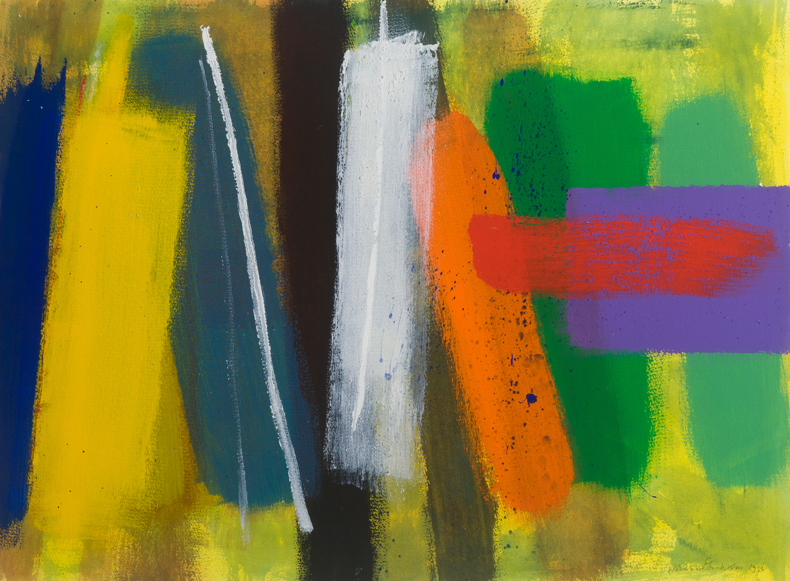 An acrylic painting with an abstract composition of vertical brushstrokes in bright colours on a yellow background