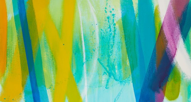 Abstract painting of vertical brushstrokes of varying width in blues, yellows, white and purple on light aqua background