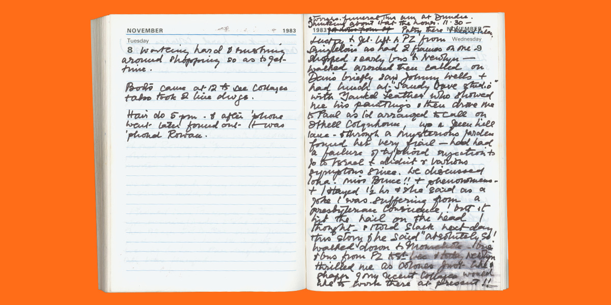 A double page of a handwritten diary dated 8 and 9 November 1983