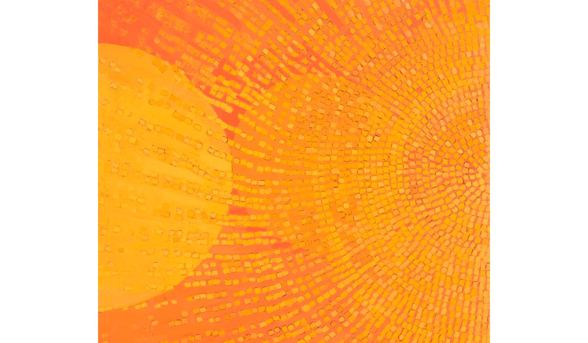 An abstract painting of a semicircles formed of small squared dots radiating out from the right hand edge in yellow on an orange background