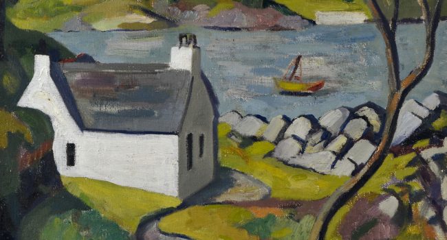 an oil painting of a white cottage with a body of water and boat behind and a hill in the far distance