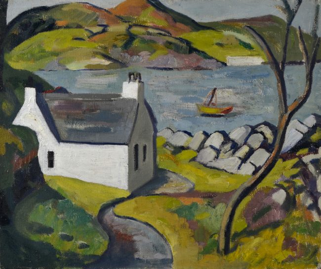 an oil painting of a white cottage with a body of water and boat behind and a hill in the far distance