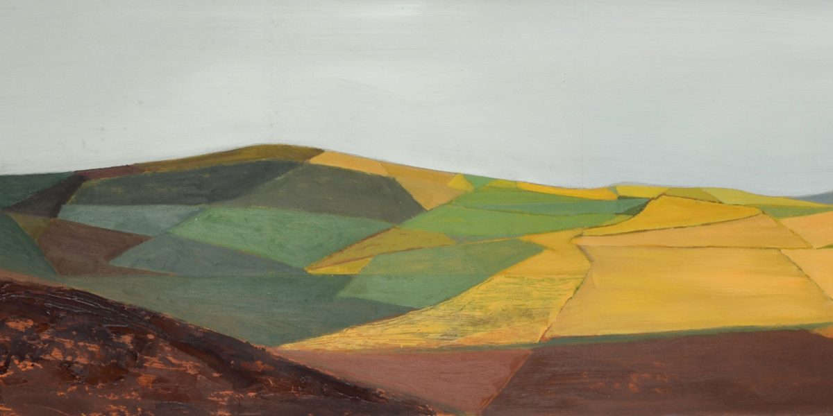 a painting of a hillside with geometric fields in greens and yellows with a grey sky