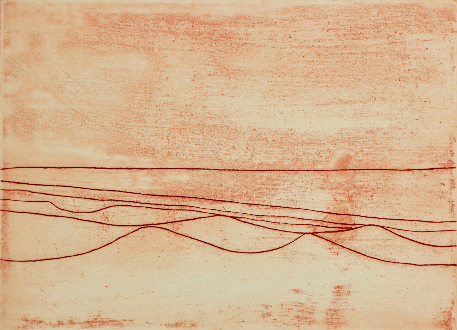 An etching in red-brown ink with 6 wavy lines representing the sea and horizon
