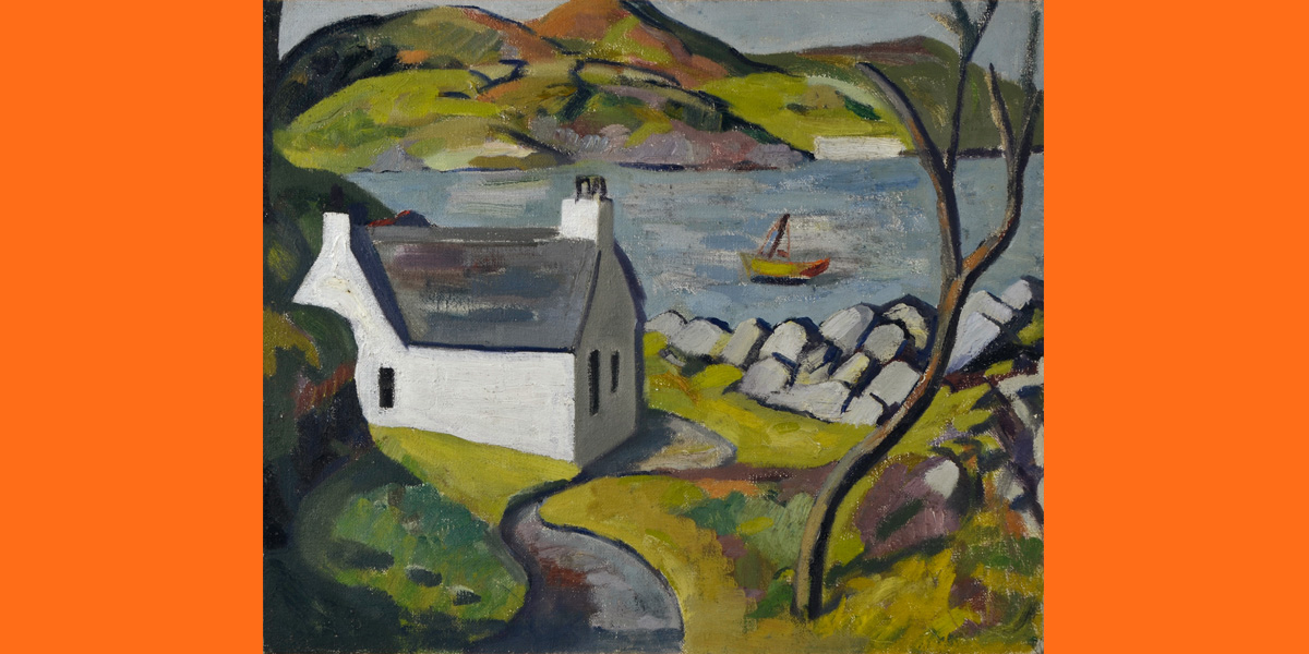 an oil painting of a white cottage with a body of water and boat behind and a hill in the far distance