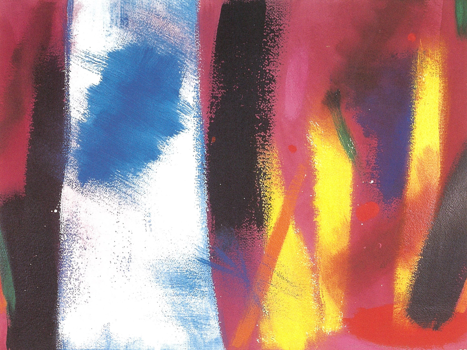an abstract painting of vertical brushstrokes of various thickness in white, black, blue and yellow on a red background