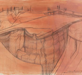 A pencil line drawing of a clay quarry on red wash