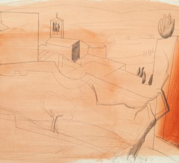 A pencil line drawing of rooftops and countryside in the distance with orange wash