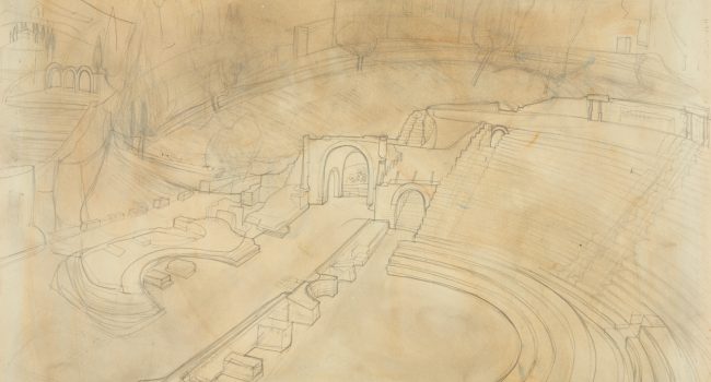 A pencil line drawing of an amphitheatre with a yellow wash