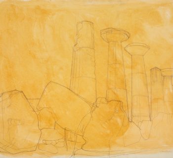 A pencil line drawing of temple ruins on yellow wash
