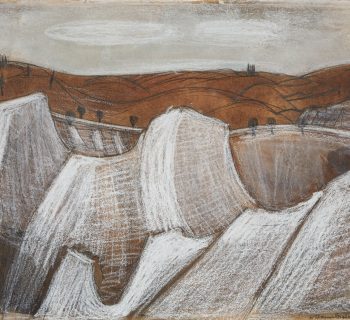A drawing of a landscape with abstracted forms coloured with brown pastel and white chalk