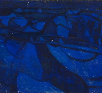 A painting of abstract forms in dark blues
